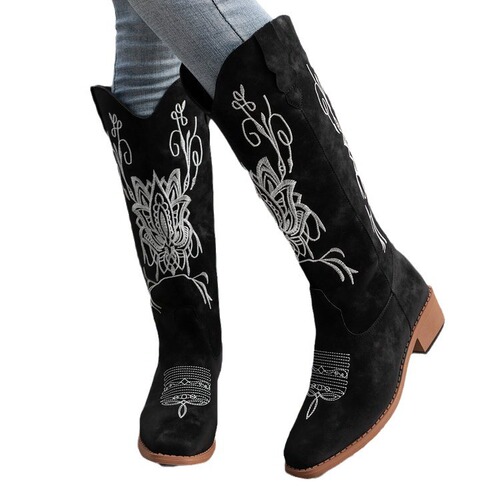 Fashionable over-the-knee boots with embroidery for women, suitable for autumn and winter, square heel, round toe