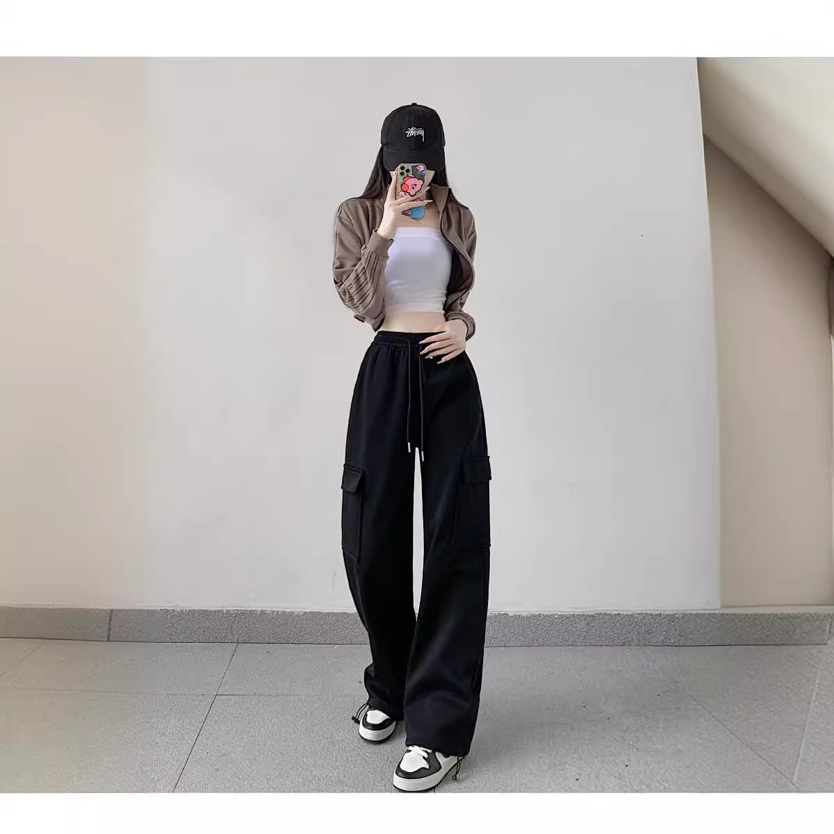 American-Style Drawstring Sports Sweatpants for Women, New High-Waisted Slimming Workwear Long Pants for Spring and Autumn, Trendy Casual Pants for Women