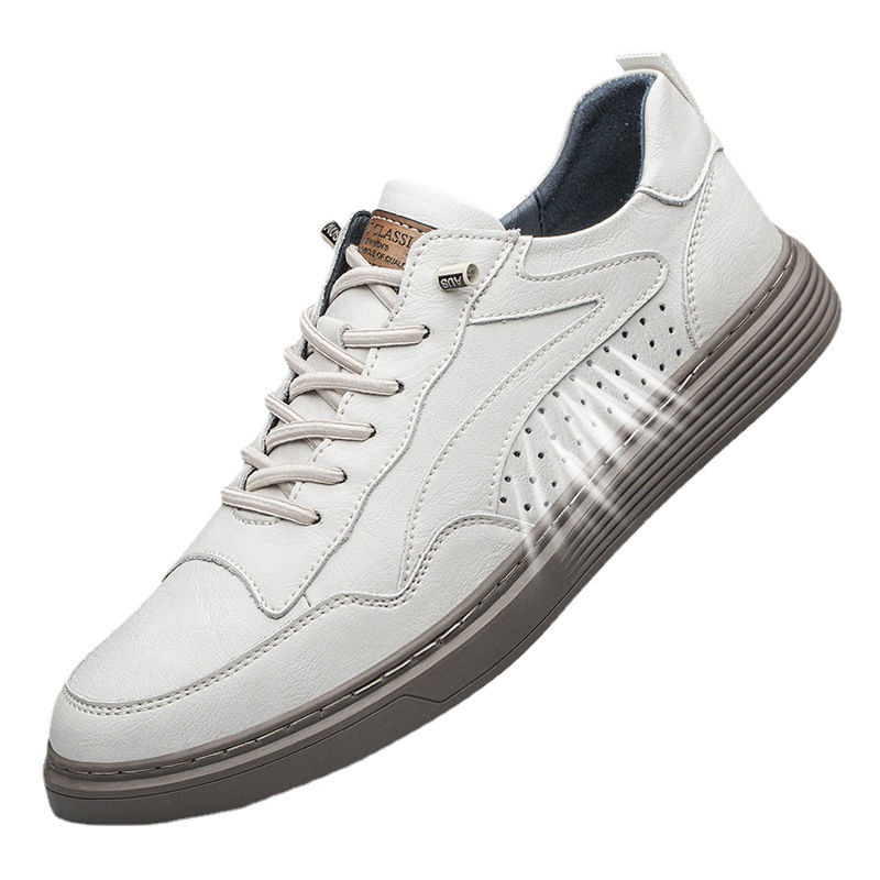 Otoño verano hombres zapatos de punta redonda superficie de piel de vaca transpirable nueva perforación casual zapatos blancos bajo la zapatilla de deporte superior