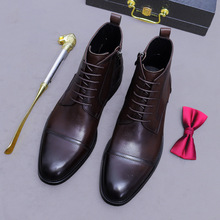 复古三接头马丁靴男英伦风真皮正装商务软中帮系带拉链切尔西男靴