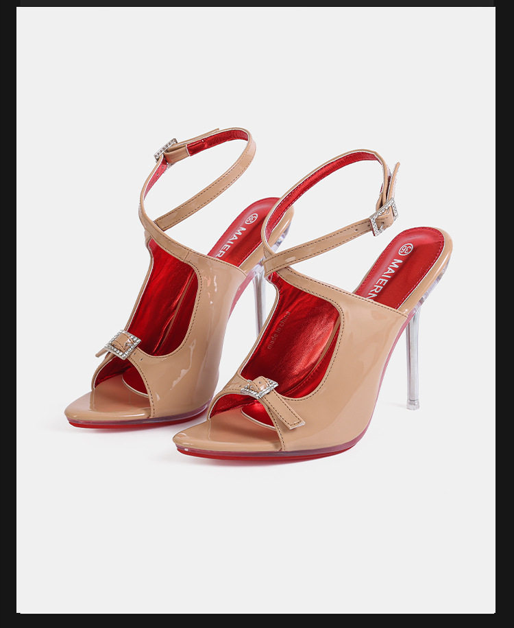 Giày sandal cao gót nữ mũi nhọn da bóng quai ngang khóa cài gót siêu cao — Màu be, Màu bạc, Màu trắng, Màu tím chi tiết 5