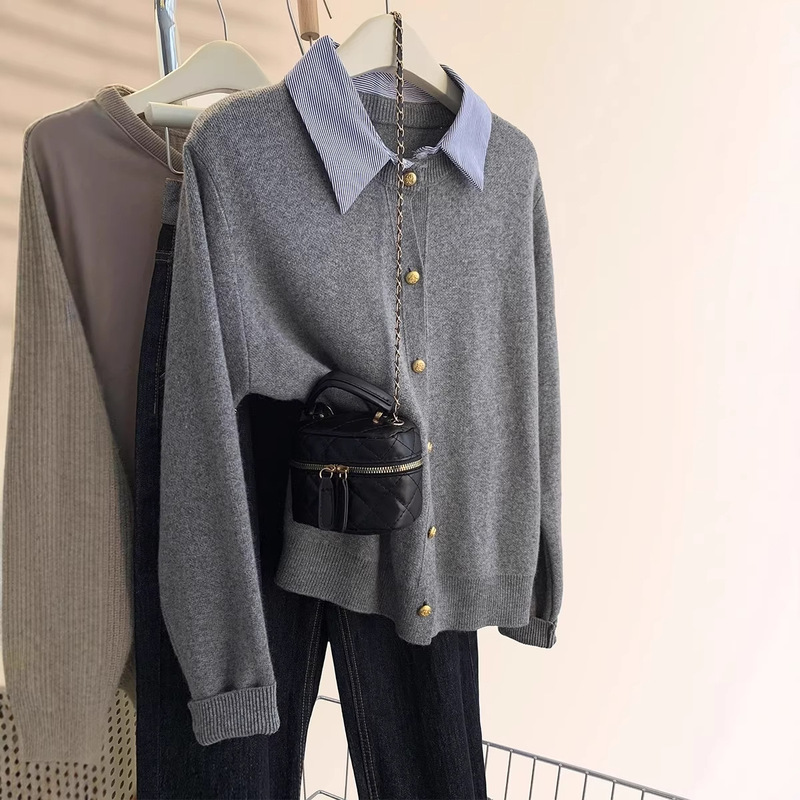 Forever 21 High-Intelligence Gray Color-Blocking Faux Two-Piece Knitted Cardigan for Women, Korean Style Loose Polo Long-Sleeve Top Forever 21 High-Intelligence Gray Color-Blocking Faux Two-Piece Knitted Cardigan for Women, Korean Style Loose Polo Long-Sleeve Top