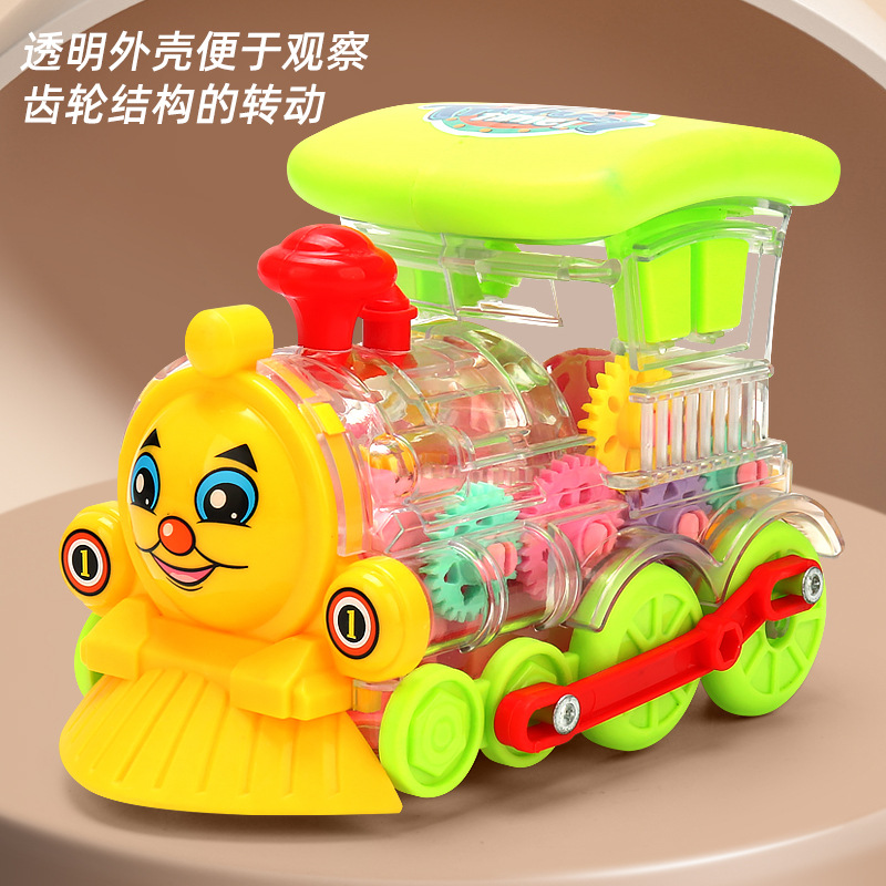 Transfronterizos niños tren de engranajes eléctricos juguetes de música iluminación universal caminando tren eléctrico pequeño puesto mayorista
