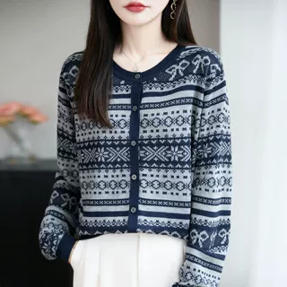 法式费尔岛提花精纺细毛针织开衫女外套毛衣26新款宽松显瘦打底衫