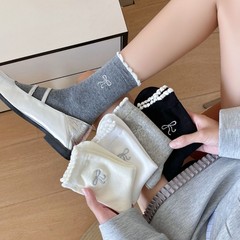 バレエ風シルバー刺繍ソックス レディース 春秋 リボン付き レース 純綿 ミュウ風 秋冬 ミドル丈 パイルソックス