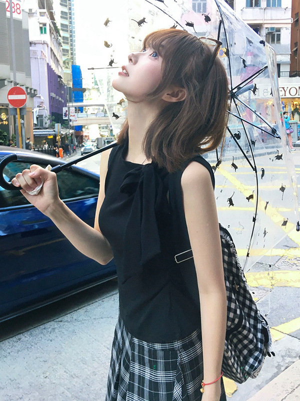黑色无袖坎肩背心女夏飘带绑带修身显瘦吊带法式气质上衣外贸批发|undefined