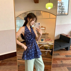 フレンチVネックホルターネックブルー花柄ベストレディース夏アウター今年人気の美しいシャツホットガールバックレストップ