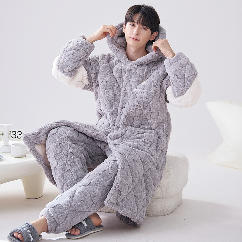 Pijamas de invierno para hombre 2024, bata acolchada de tres capas de longitud media, forro polar coral cálido con capucha, informal y grueso para uso exterior