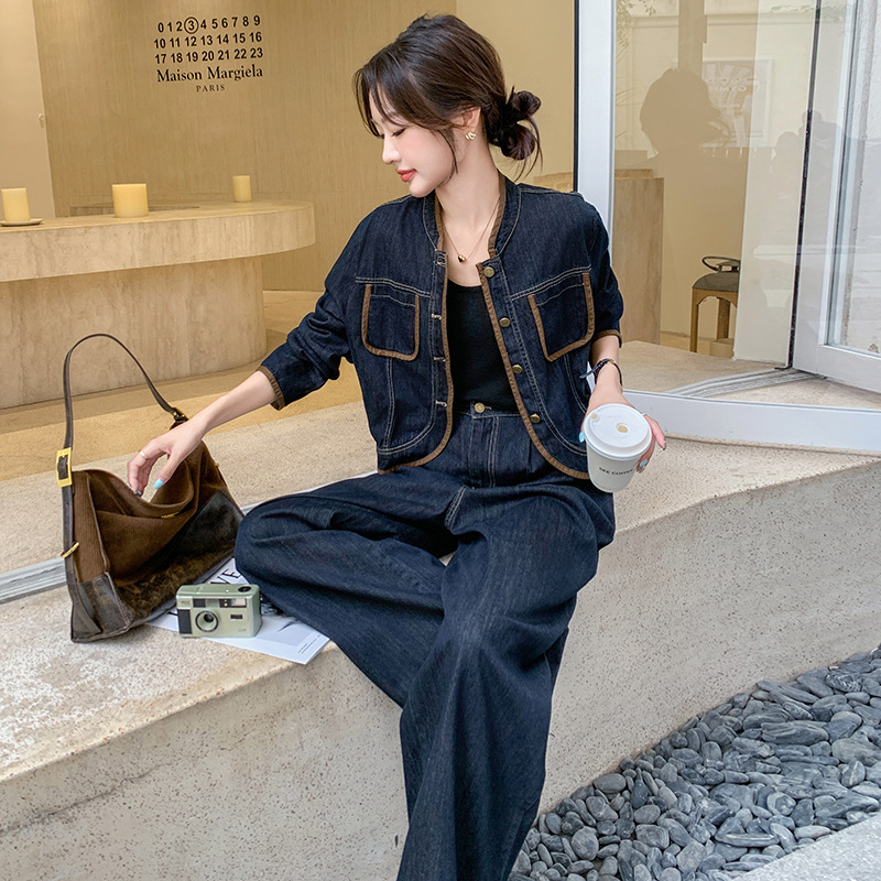 实拍甜美减龄蓝色牛仔上衣套装女春秋2025新款又a又飒显瘦两件套|undefined