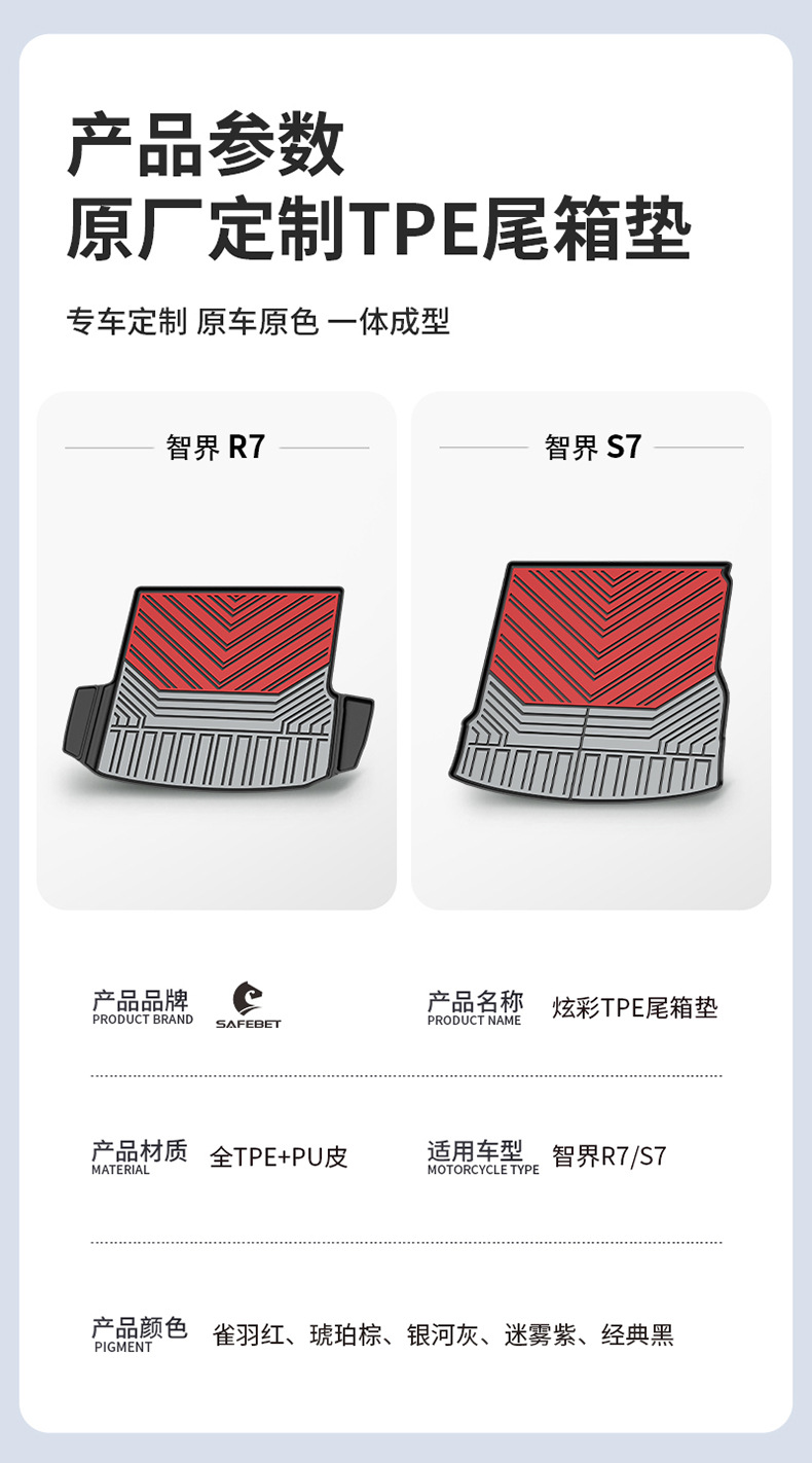 Suitable for the 2026 New Model Zhijie R7/S7, Special Colorful Tpe Car Trunk Mat, Tail Box Mat for Vehicle Use