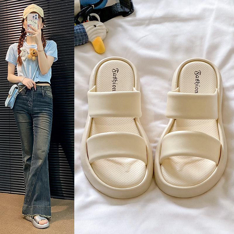 Stomp Feeling Bread Slippers Women's Summer Outer Wear New High-end Feeling All-match Height-increasing One-word Thick Bottom Double-strap Sandals