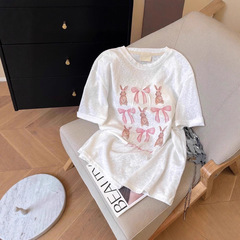 【自家工厂现货】粉色短袖t恤女夏季新款设计感独特韩系宽松上衣