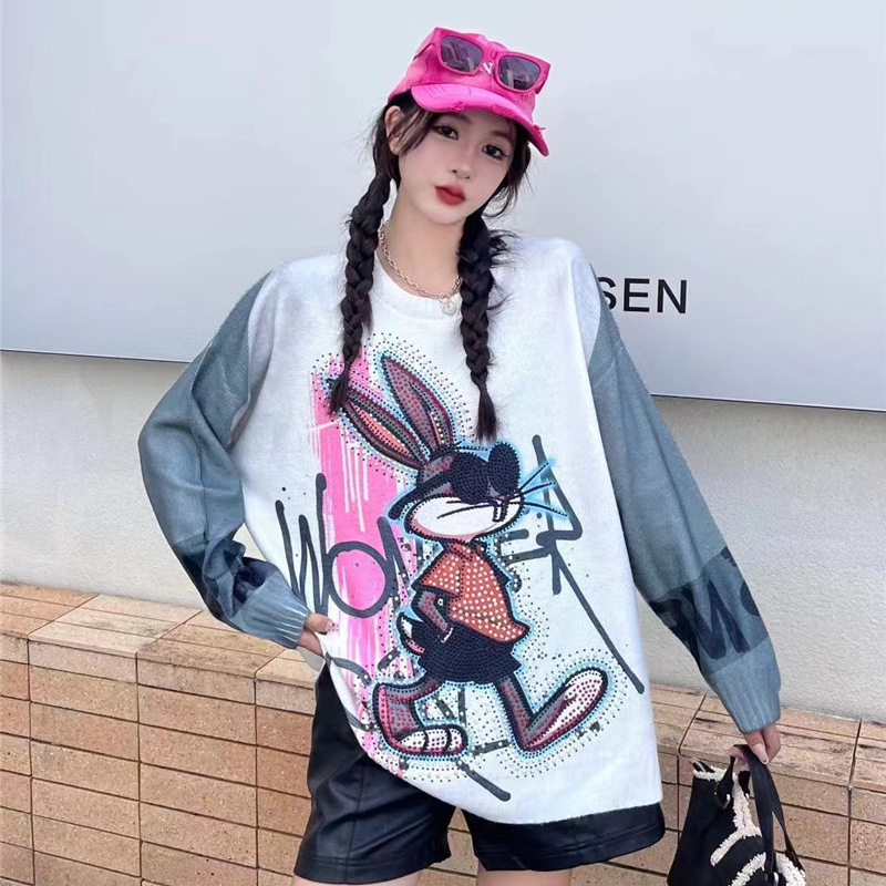 2024 otoño e invierno nuevo estilo de la industria pesada impresión de dibujos animados suéter de conejo diseño femenino suéter de moda suelto top de punto