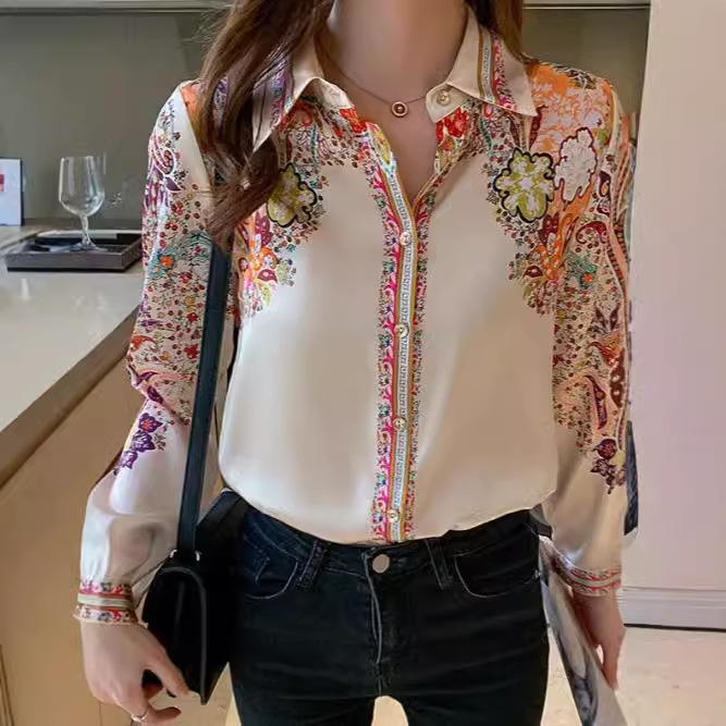 European and American Cross-border Foreign Trade Printed Shirt Shirt Women's Southeast Asian Spring and Autumn Loose Long-sleeved High-grade Middle-aged and Elderly Cardigan