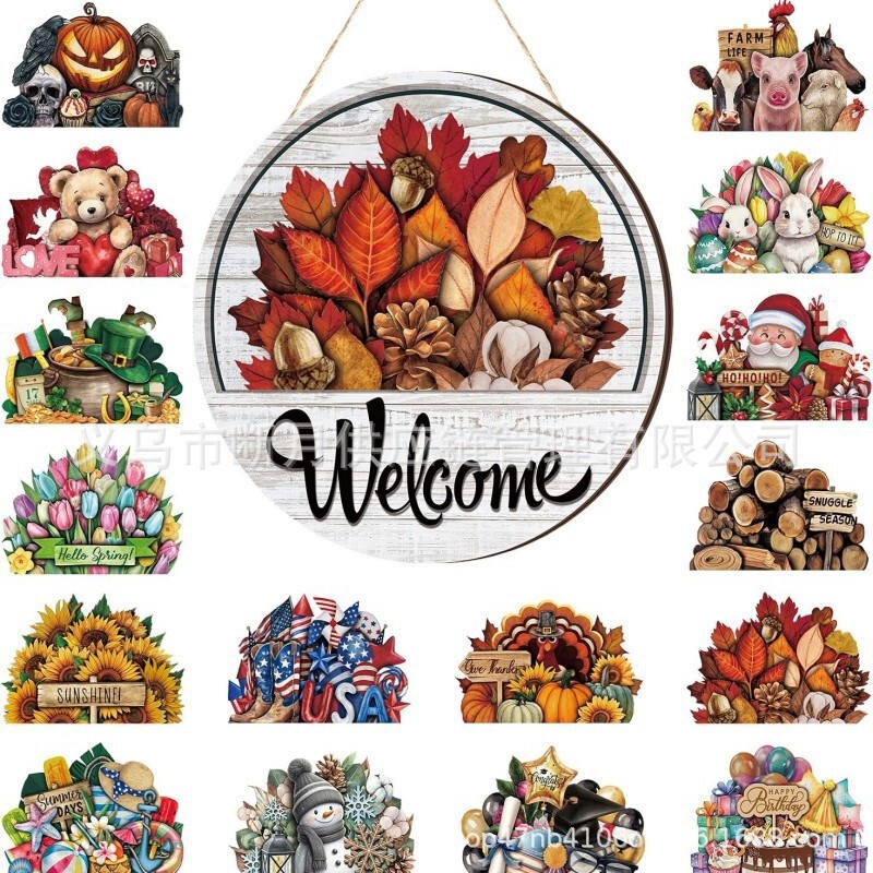 Cross-border welcome sign, interchangeable front door decoration, rustic autumn seasonal hanging sign, Halloween, Christmas Cross-border welcome sign, interchangeable front door decoration, rustic autumn seasonal hanging sign, Halloween, Christmas