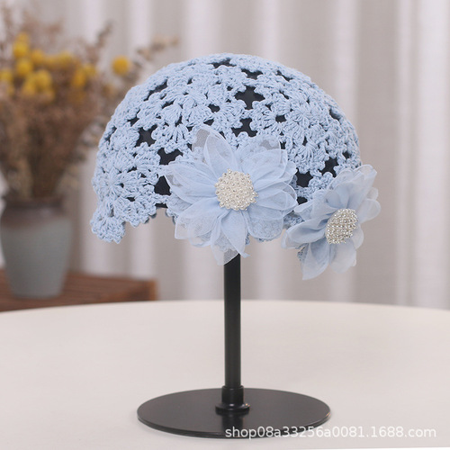 Spring and summer new style sweet flower hollow baotou hat for women hand-knitted crocheted scarf hat retro knitted melon skin hat