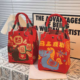 2026新春红色针织水桶包吉祥如意印花手提包节日送礼百搭礼品袋子