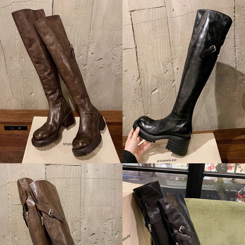 现货~葡萄妈同款 新款马皮圆头显瘦百搭厚底粗跟过膝长靴女秋冬|undefined