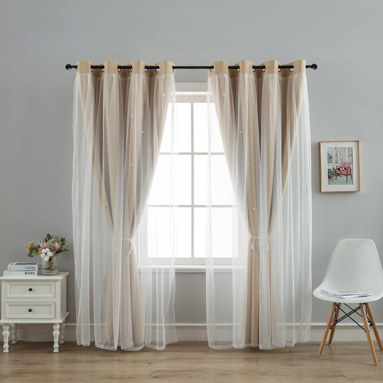 double layer curtains hollow star blackout rod punching short curtains_voghion.com