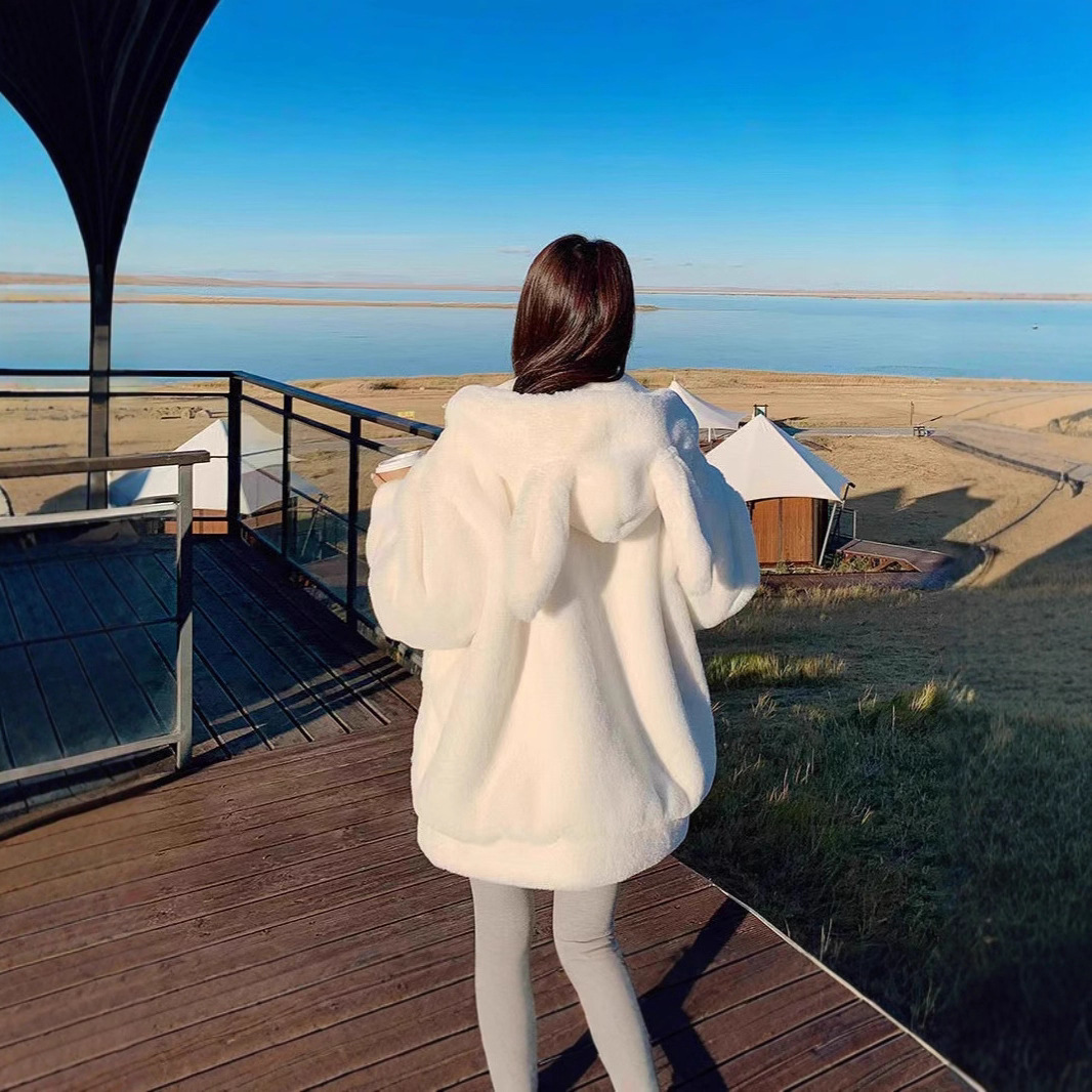 超柔复合含棉卫衣440克兔耳朵加绒加厚冬装软糯毛茸茸棉服外套女