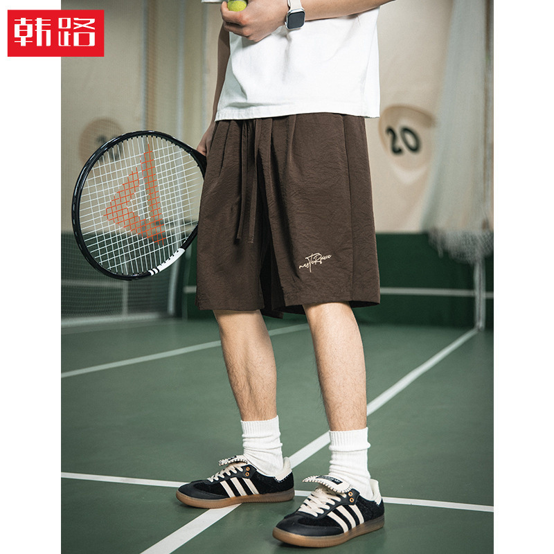 American Retro Letter Embroidered Casual Shorts Summer New Loose Slightly Wrinkled Pleated Design Sports Five-Point Pants Q