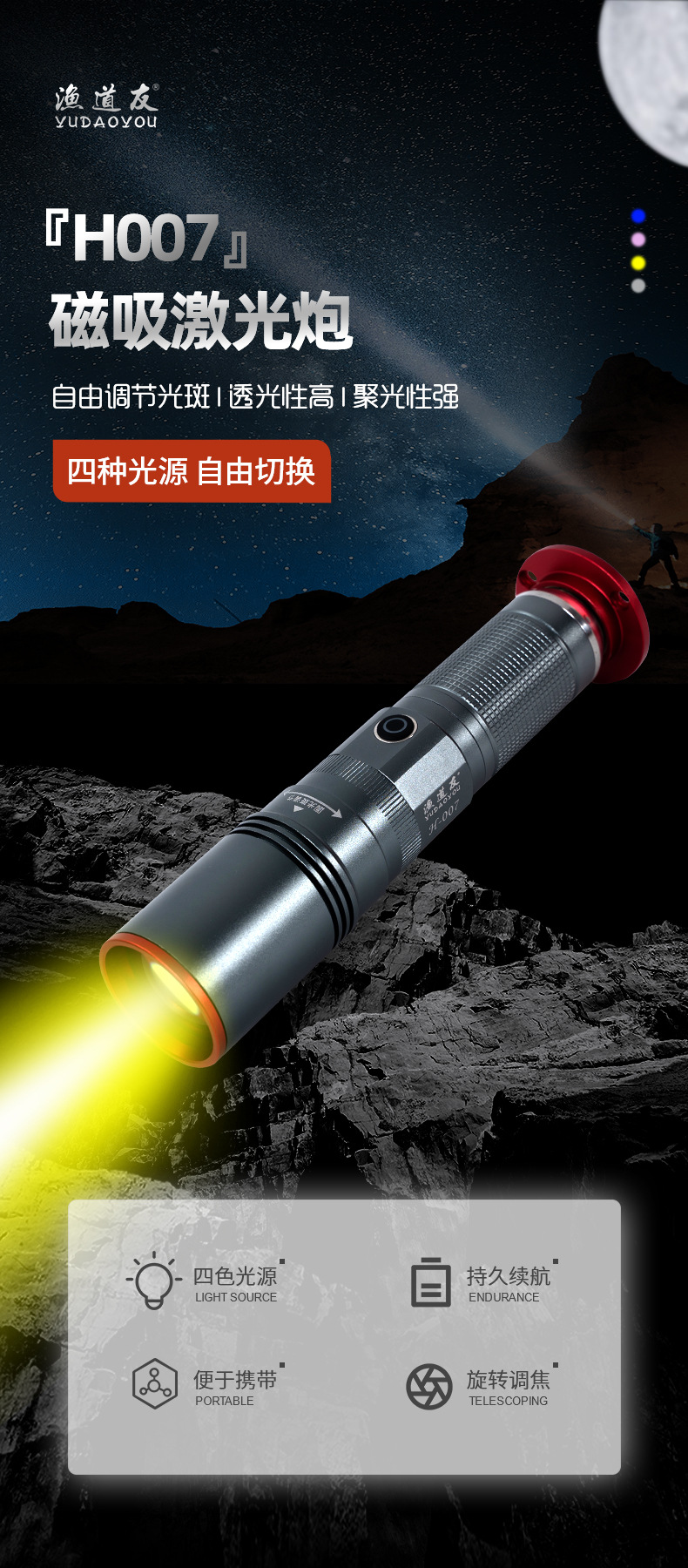 Cross-Border Fishing Tool Magnetic Laser Cannon Long-Lasting Four-Light Source Outdoor Fishing Light Blue Light Outdoor Wild Fishing Led Light