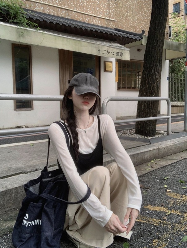 韩系撞色拼接吊带长袖t恤女早秋季设计感小众绑带收腰上衣两件套|undefined