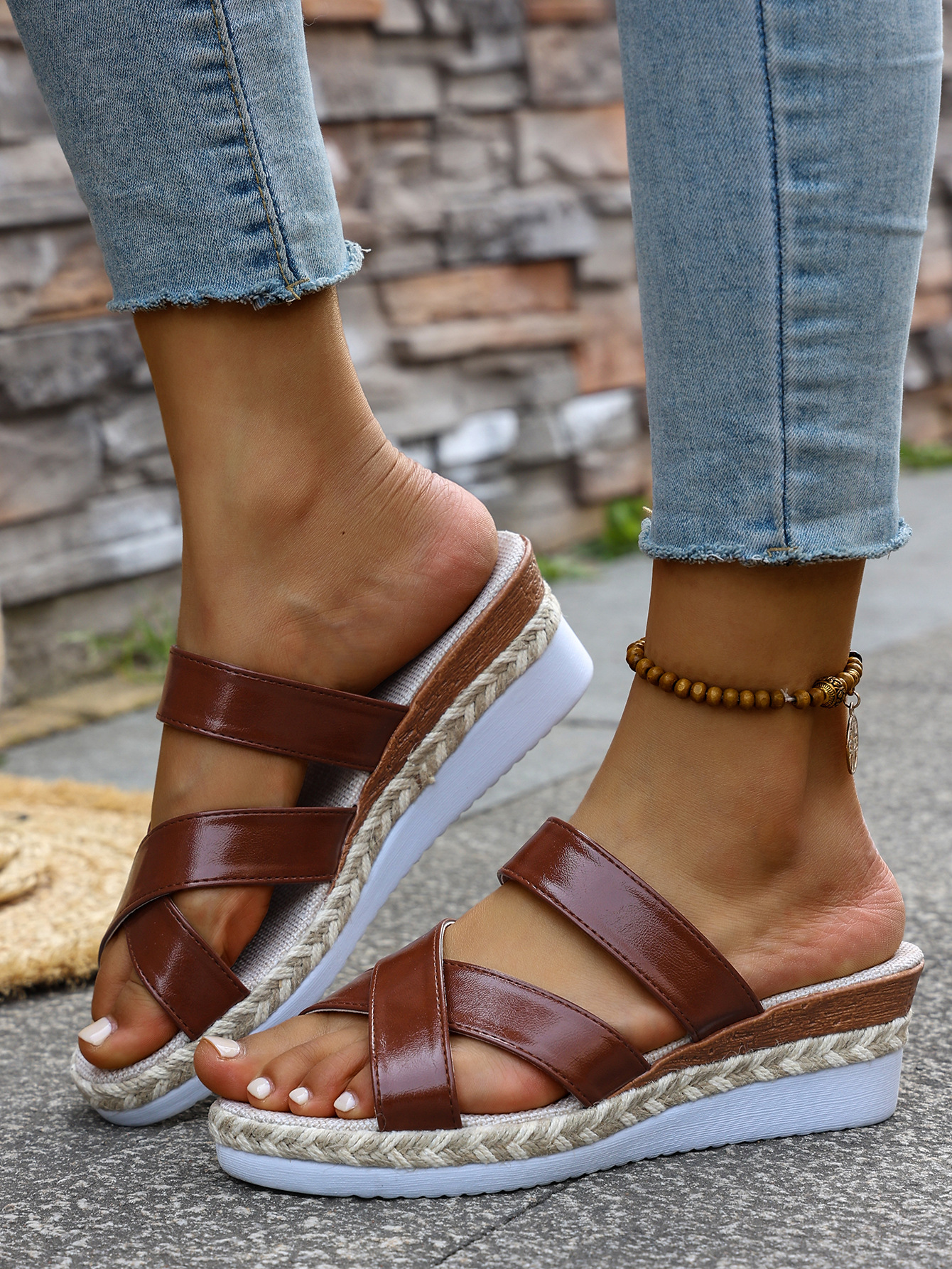 Women's Cross Strap Beach Sandals Summer Style Rope Sole Wedge Heel Size 43_vogvips.com