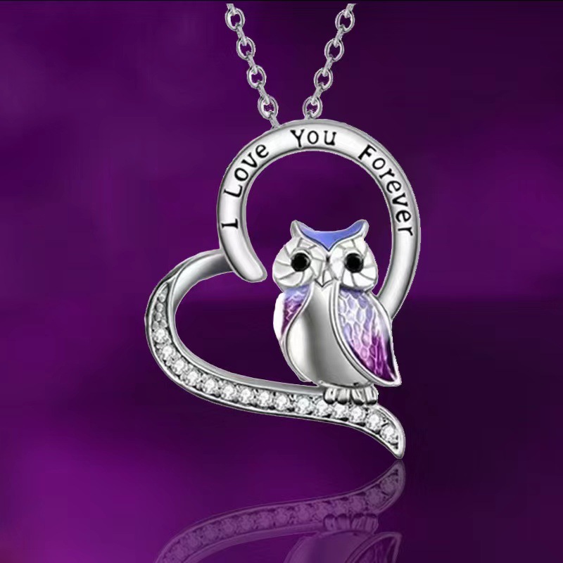 Cute Letter Heart Shape Owl Copper Metal Inlay Rhinestones Pendant Necklace 1 Piece