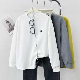 Spring New Large Size 100kg Fat mm Simple Small Fresh Round Neck Label Sweatshirt Women's Bottoming Top 6227