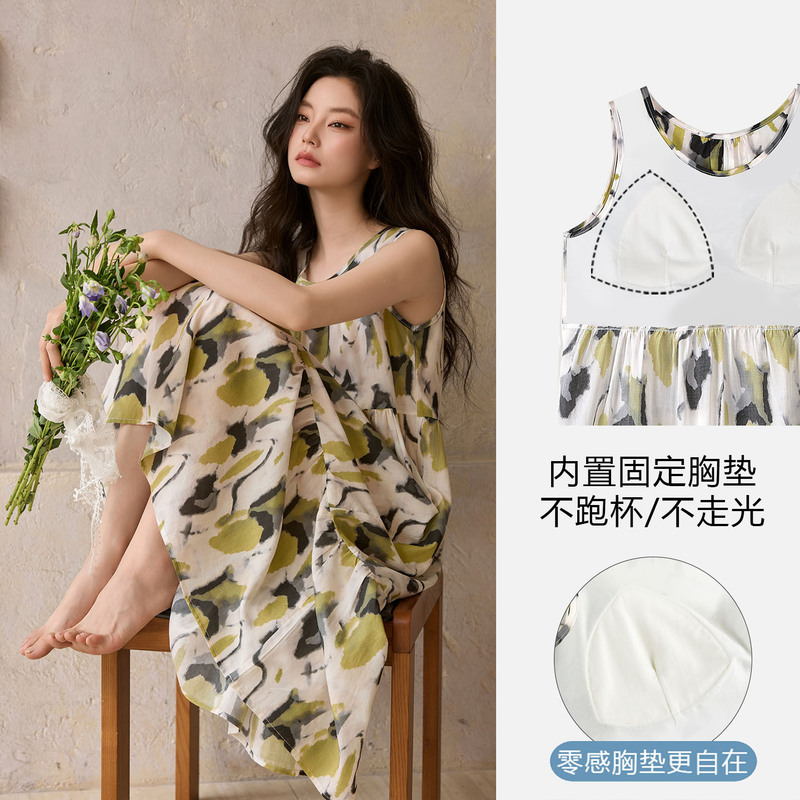 Casual and Lazy Holiday Style Sleeveless Vest with Chest Pad Nightgown for Women Summer New Style with Chest Pad Lyocell Home Dress Casual and Lazy Holiday Style Sleeveless Vest with Chest Pad Nightgown for Women Summer New Style with Chest Pad Lyocell Home Dress