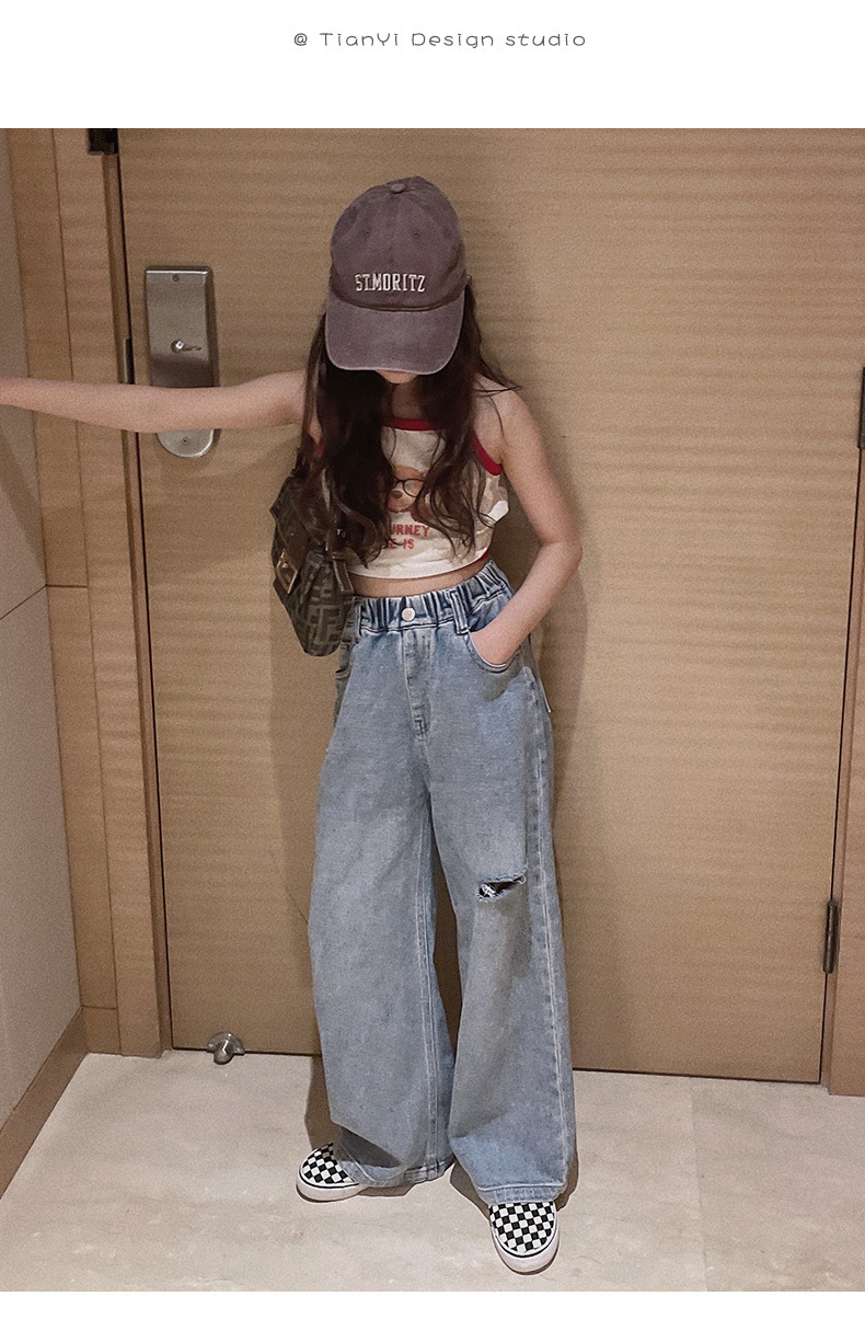 Neue Frühjahr Mädchen Kleidung Kinder Gerade Ripped Loch Lose Jeans Elastische Taille Hose Kind Teen Denim Breite Bein Hosen frühlen – Detail 6