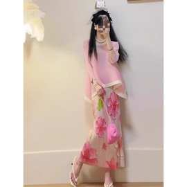 扎染绝美半身裙中长裙2024女夏开叉高级感显瘦a字法式印花百褶裙