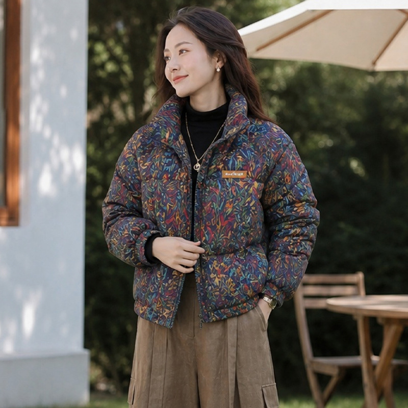 设计感小众花色棉服女冬季新款韩系百搭立领上衣休闲保暖棉衣外套