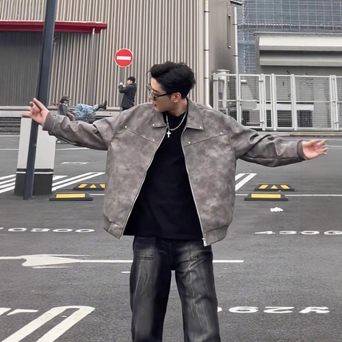 Cleanfit gray short leather jacket, American cool, high-end men's clothing, retro stand-up biker leather jacket