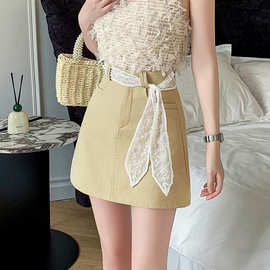 2026春夏新款韩版半身裙女蕾丝花边设计感腰带休闲A字半身短裙棉