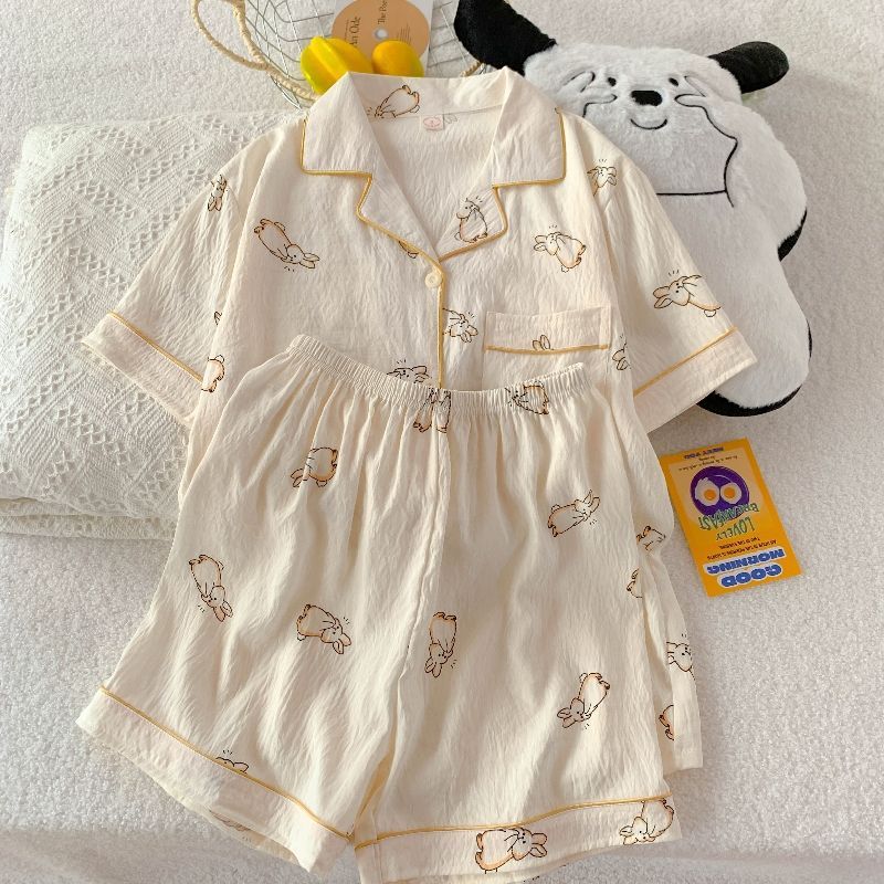Venta al por mayor transfronteriza de pijamas de verano de conejo lindo cárdigan de solapa de algodón de nube de mujer pantalones cortos dulces de manga corta traje de servicio a domicilio