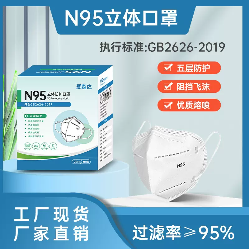 厂家直销n95一次性独立包装白色口罩3D立体防护五层现货批发