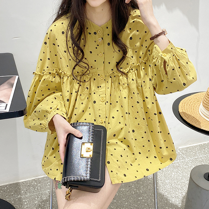 Doll-Style Blouse for Women 2026 New Commuter Sweet Stand-Up Collar Lace Polka Dot Lantern Sleeve Cotton Long-Sleeve Shirt