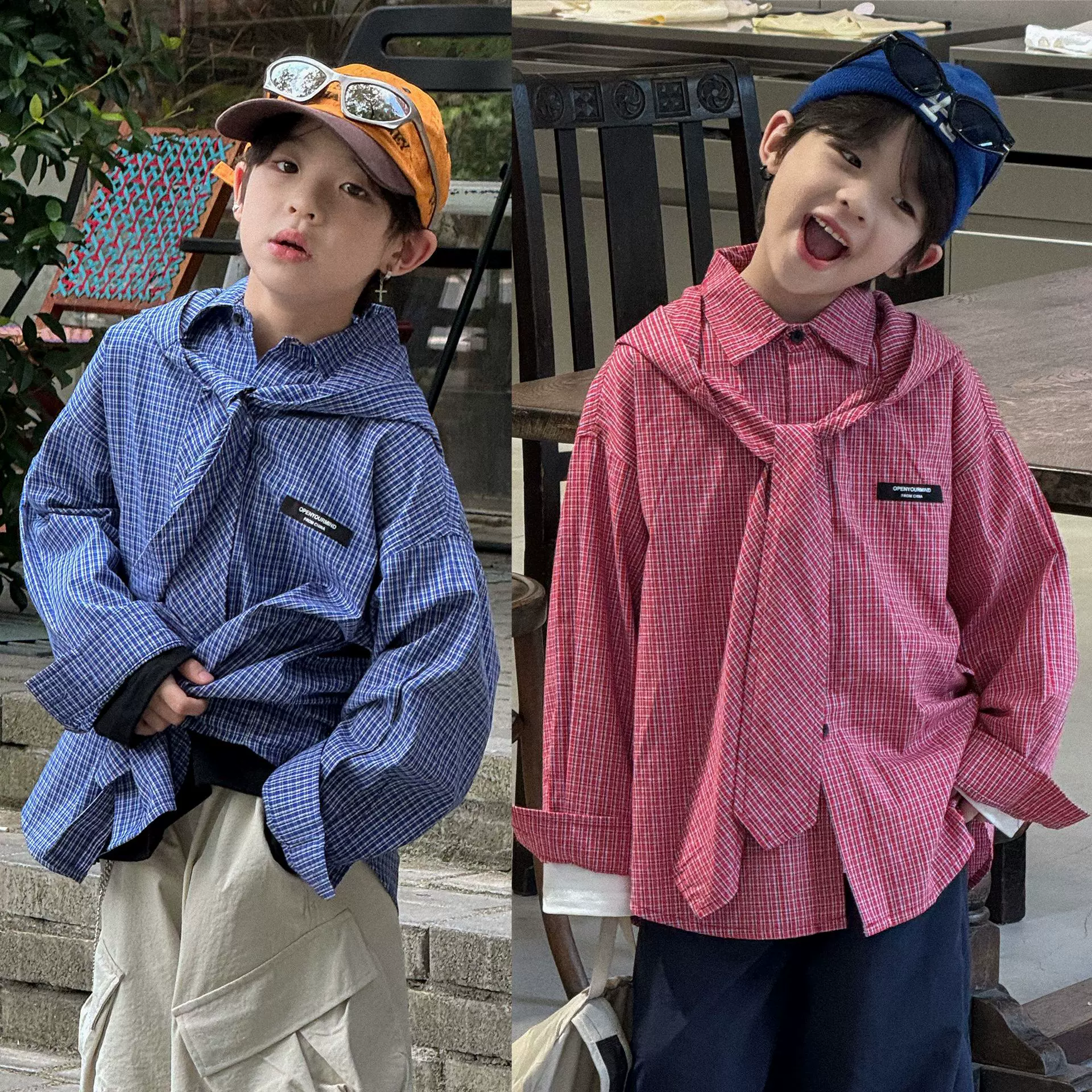 蓝钰25秋新品韩国童装中小童男童复古格子水洗棉连帽衬衫外套上衣
