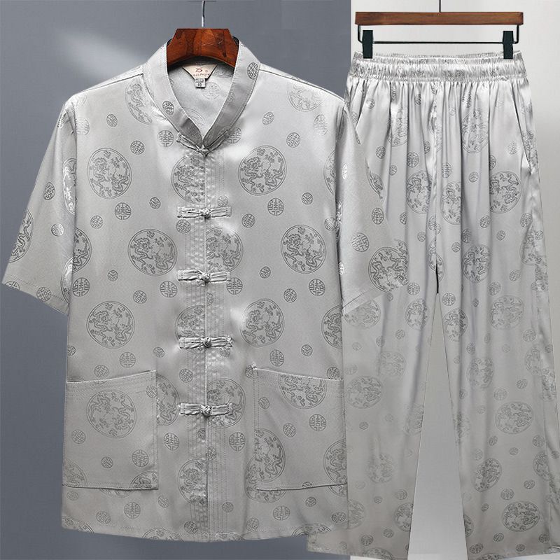Summer ice silk Tang suit short-sleeved Chinese style suit for middle-aged and elderly people, retro style, father's silk shirt, grandfather's morning exercise Hanfu