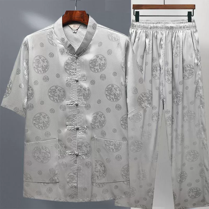 Летний ледяной шелк средний и пожилой китайский костюм с короткими рукавами китайский костюм ретро папа шелковая рубашка дедушка утренняя тренировка Hanfu