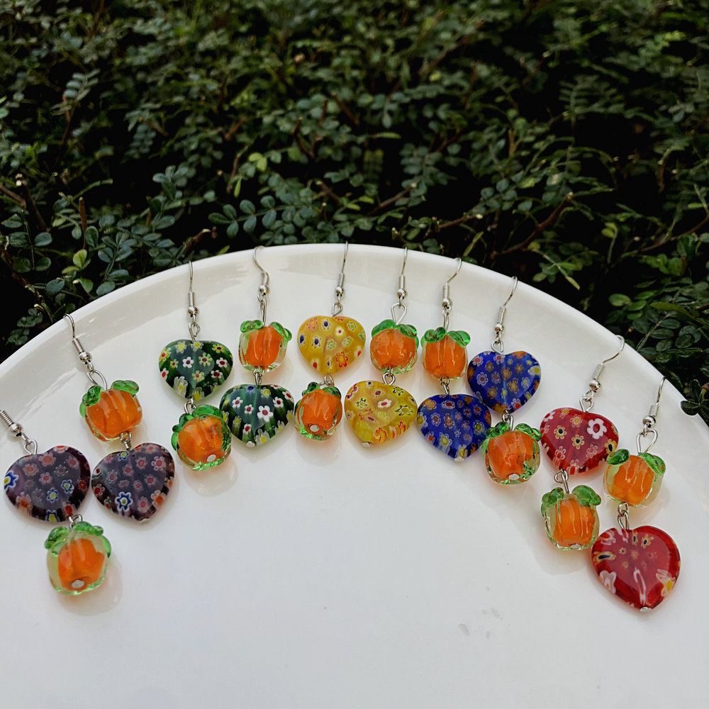 15g Weight Alloy Ear Needle Material Drop Earrings Classification 1 Pair Quantity Daily Occasion Glass, Metal Material Persimmon, Heart Shape, Flower Pattern All Seasons Season Women's Gender Polished Finish Asymmetrical Design Cute Style 1 Pair Cute Persimmon Heart Shape Flower Asymmetrical Glass Metal Drop Earrings 1