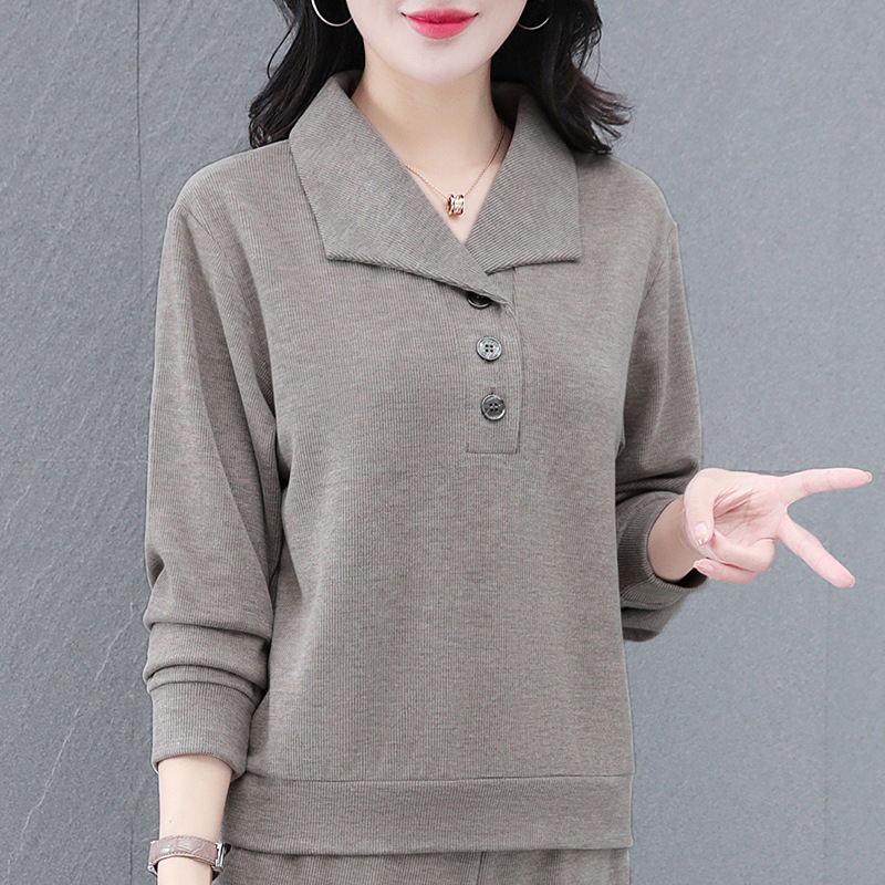Fashionable Casual Lapel Long-Sleeved Pullover Sweatshirt for Women 2025 Spring & Fall New Middle-Aged Mother's Elegant Anti-Wrinkle T-Shirt