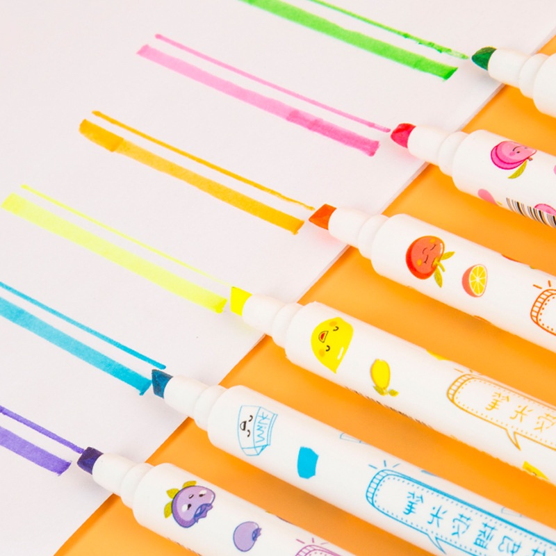 HD74 marcador de marcado de examen de estudiante resaltador 6 tipos de sabor de fruta resaltador de doble cabeza DIY fragancia pluma de cuenta de mano