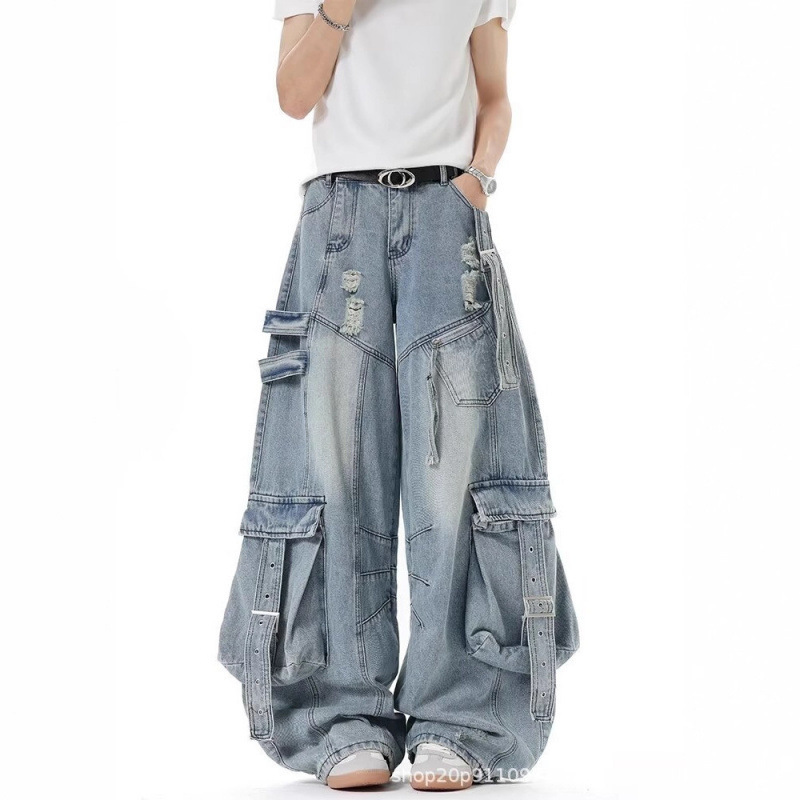 Cross-Border American-Style Heavy Deconstructed Ribbon Workwear Jeans for Men and Women, Autumn Trendy High Street Multi-Pocket Ripped Wide-Leg Pants