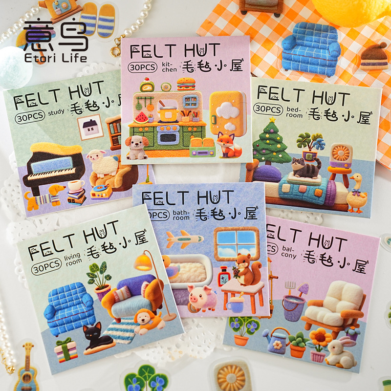 Bolsa de pegatinas de PET de pájaro italiano, serie de casa de fieltro, linda etiqueta de material de collage de decoración de bricolaje de cuentas de viento ins