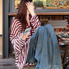 胖mm特大码300斤漂亮上衣宽松韩版休闲红条纹长袖防晒罩衫女早秋