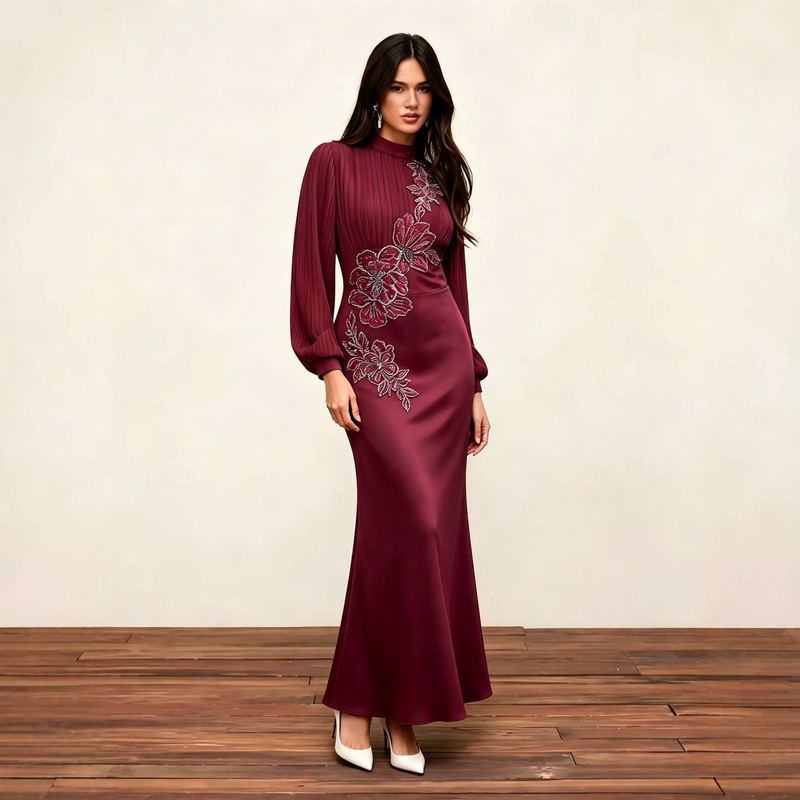 251288 Burgundy Long-Sleeved Fishtail Dress European and American Elegant Embroidered Evening Dress High-Waisted Slim-Fit Banquet Long Dress