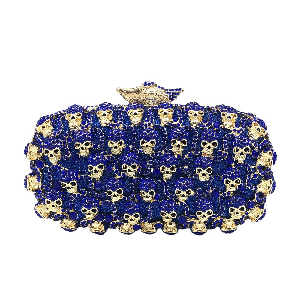 * nuevo paquete de cena de diamante calavera bolso de mano de diamante caja dura hueca bolsa de cena vestido de fiesta azul mujer